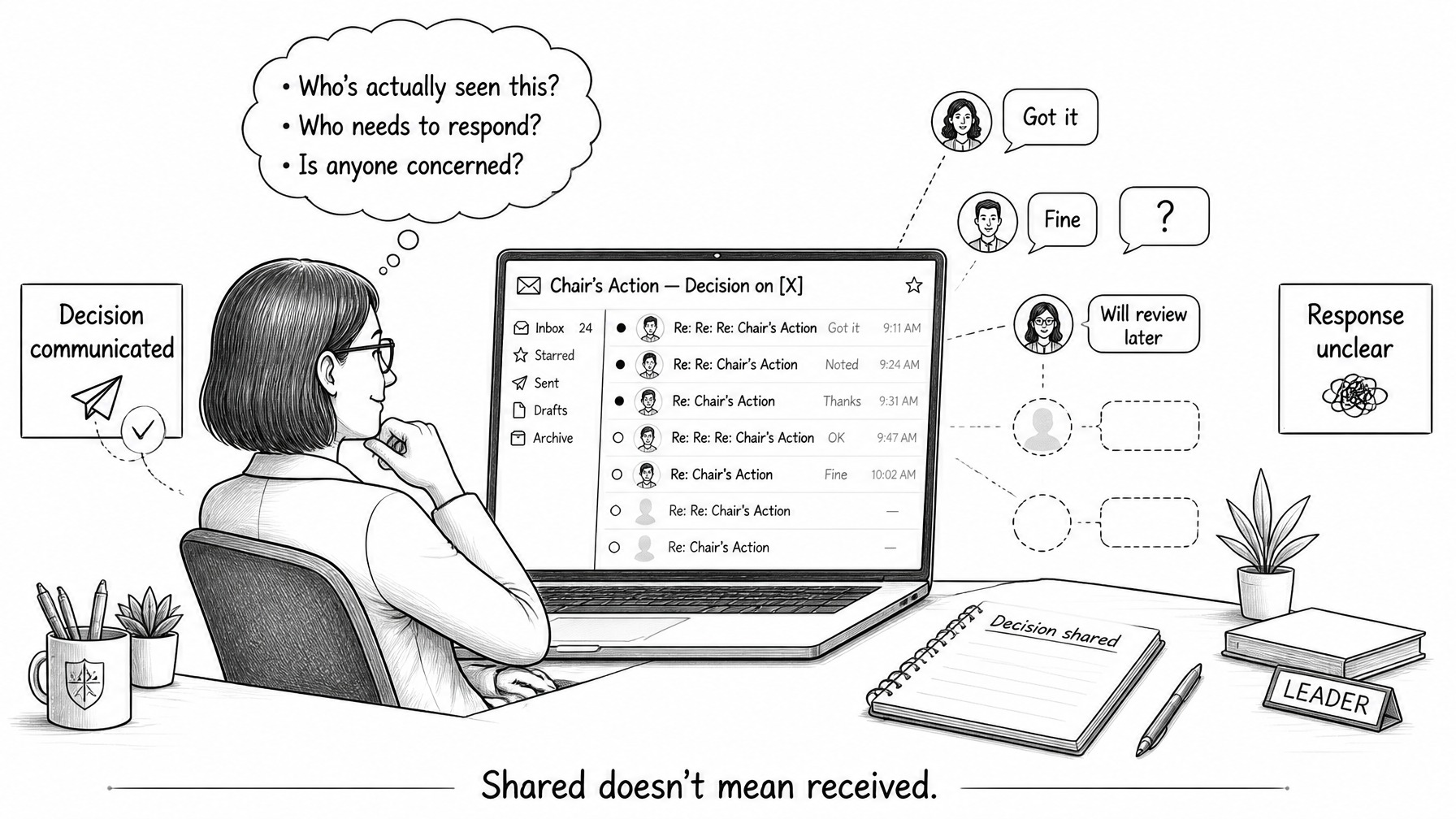 A leader at her laptop looks at an email inbox showing a Chair's Action thread. Some recipients replied with 'Got it', 'Fine', 'Will review later'. Others show no reply. Her thought bubble reads: Who's actually seen this? Who needs to respond? Is anyone concerned? Labels: Decision communicated, Response unclear. Caption: Shared doesn't mean received.
