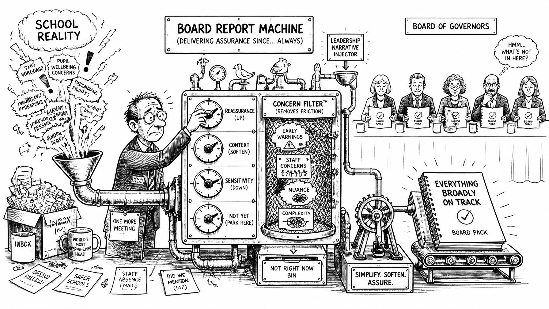 A governing board in session — the machinery of governance visible, but the question of whether it produces real institutional knowledge left open.