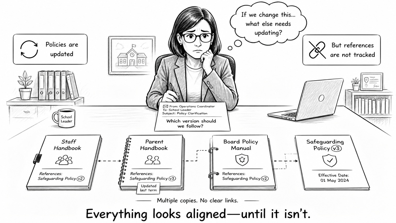 A school leader at a desk looking concerned, surrounded by four handbooks all referencing different versions of the safeguarding policy: Staff Handbook referencing v2, Parent Handbook referencing v3 updated last term, Board Policy Manual referencing v2, and the actual Safeguarding Policy v3 with Effective Date 01 May 2024. An email on the desk asks: Which version should we follow? Labels: Policies are updated — but references are not tracked. Caption: Everything looks aligned — until it isn't.