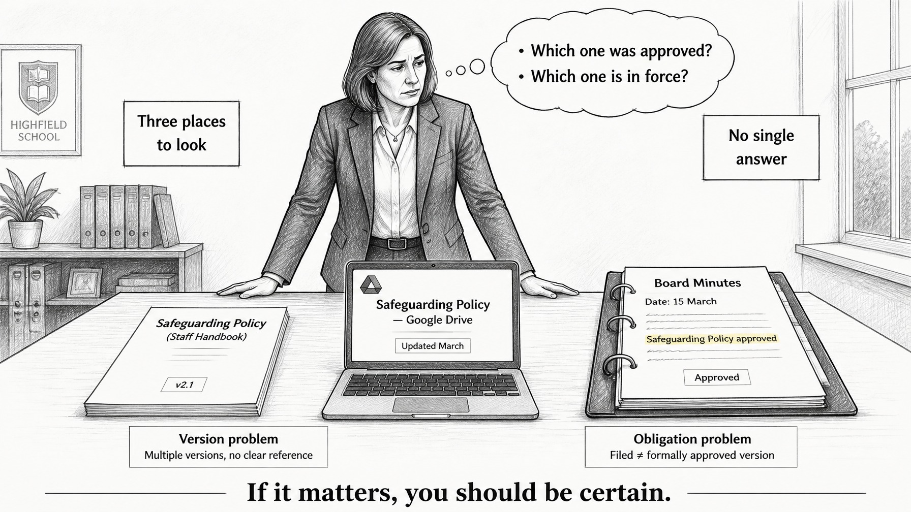 A governor stands at a desk with three sources in front of her: the Safeguarding Policy Staff Handbook v2.1, a laptop showing the Google Drive version updated in March, and the Board Minutes recording the policy as approved on 15 March. Thought bubble: Which one was approved? Which one is in force? Left label: Three places to look. Right label: No single answer. Bottom: Version problem — multiple versions, no clear reference. Obligation problem — filed is not the same as formally approved. Caption: If it matters, you should be certain.