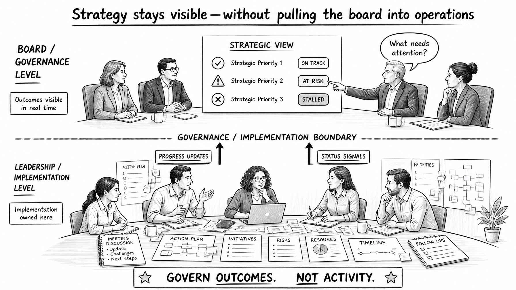 Two-tier model: board/governance level sees strategic view with On Track, At Risk, Stalled signals surfacing from the leadership/implementation level below. Govern outcomes. Not activity.